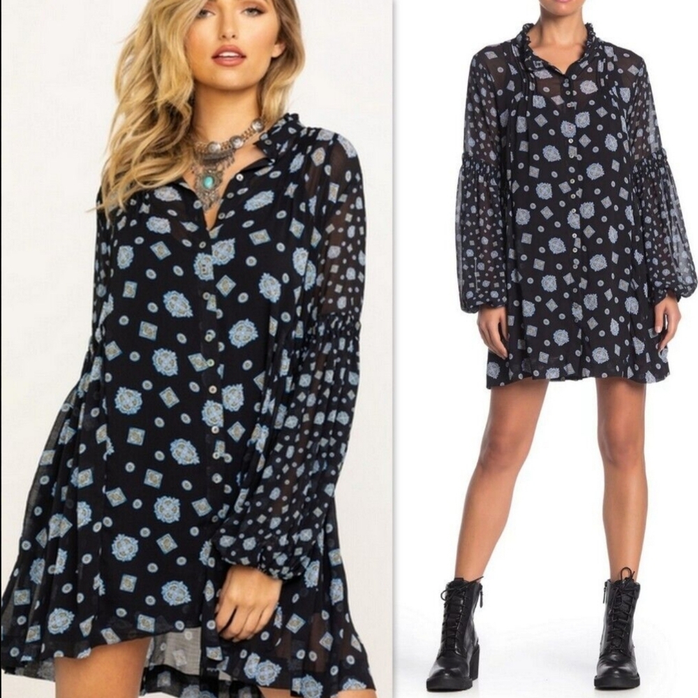 Free People Turn Turn Black/Blue Medallion Print Long Sleeve Lined Mini Dress XS